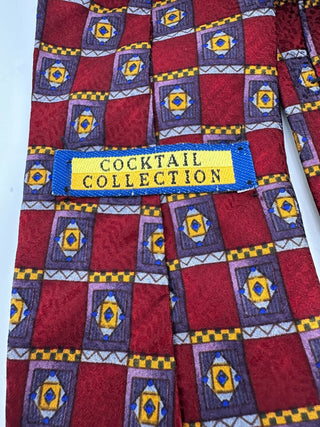 Cocktail Collection Silk Tie Red Geometric Square Pattern Classic Men’s Necktie