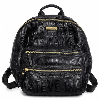 Steve Madden Black Embossed Logo Backpack Purse Gold Hardware Multi Pocket