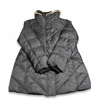 London Fog Womens L Black Down Puffer Coat Faux Fur Collar Quilted Winter