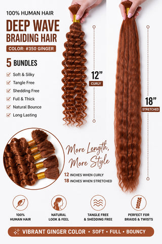 Deep Wave Braiding Hair 100% Human Hair 5 Bundles - Color #350 Ginger, 12 Inches