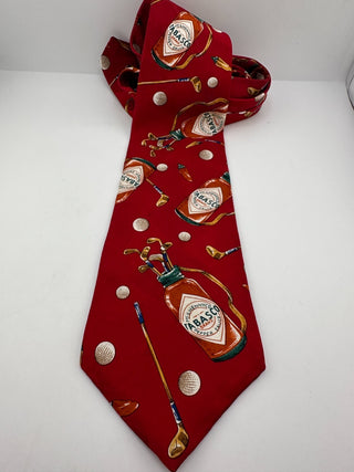 Tabasco Red Golf Themed Silk Tie with Golf Clubs and Balls