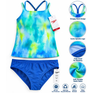 Speedo Girls Size 12 2 Piece Tankini Swimsuit Blue Green Strappy NWT UPF 50+