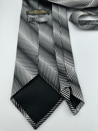 Solitaire Black White Geometric Stripe Silk Tie Vintage Mens Necktie