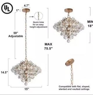 Modern Gold Crystal Chandelier Hanging Pendant Light Adjustable Chain 15"
