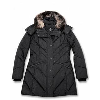 London Fog Womens Small Black Down Puffer Coat Faux Fur Hood Winter Jacket