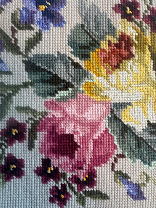 Vintage Floral Needlepoint Tapestry Pair Roses Flowers Handmade Wall Art