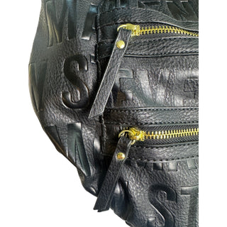 Steve Madden Black Embossed Logo Backpack Purse Gold Hardware Multi Pocket