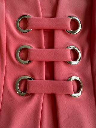 Joseph Ribkoff Coral Pink 3/4 Sleeve Top with Silver Eyelet