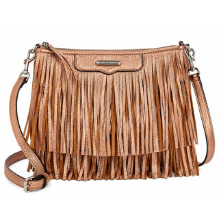 Rebecca Minkoff Metallic Rose Gold Leather Fringe Crossbody Bag Boho Purse
