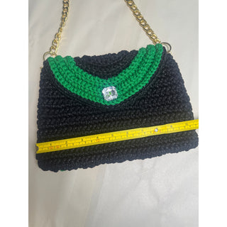 Handmade Crochet Purse Black Green Gold Chain Shoulder Bag Crystal Clasp