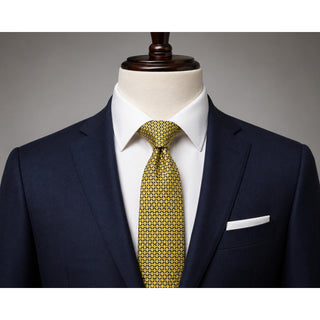 Lands’ End Men’s Silk Tie – Yellow & Navy Geometric Diamond Pattern – 57”