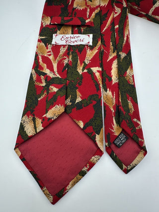 Enrico Coveri Vintage Floral Patterned Silk Tie Red Green Beige