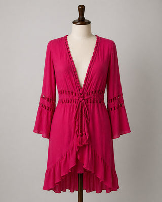Shein Pink Ruffle Trim Bell Sleeve Dress with Tassel Tie