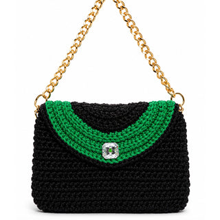 Handmade Crochet Purse Black Green Gold Chain Shoulder Bag Crystal Clasp