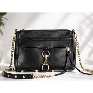 Rebecca Minkoff Mini MAC Black Leather Crossbody Bag Gold Chain Studded Strap