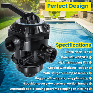 Sta-Rite 262506 6-Way Top Mount Clamp Style Control Valve with Gauge for Pool &