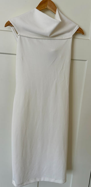 Rebecca B. White Sleeveless Midi Dress with Draped Neckline