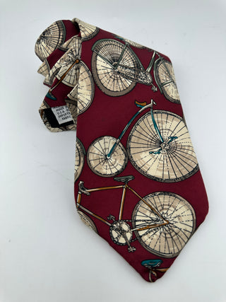 Vintage Bicycle Print Silk Necktie Burgundy Cycling Novelty USA Made