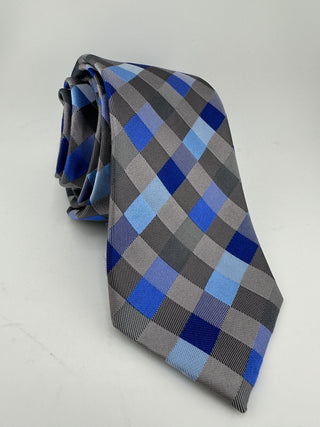 Geoffrey Beene Blue Gray Checkered Silk Blend Necktie Classic Mens