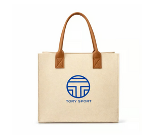 Tory Sport Canvas Logo Tote Bag Large Beige Faux Leather Handle Shopper
