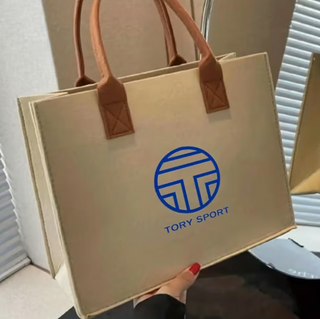 Tory Sport Canvas Logo Tote Bag Large Beige Faux Leather Handle Shopper