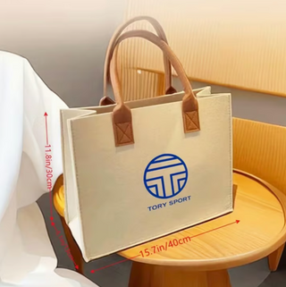 Tory Sport Canvas Logo Tote Bag Large Beige Faux Leather Handle Shopper