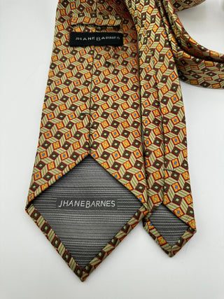 Jhane Barnes Silk Necktie Green Gold Geometric Pattern Made in USA