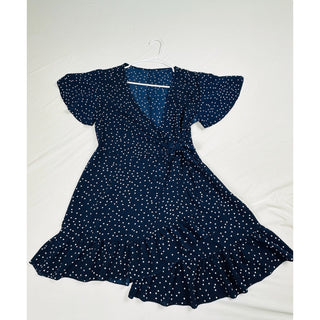 Navy Blue Polka Dot Wrap Short Sleeve Dress Size M NWOT