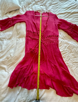 Shein Pink Ruffle Trim Bell Sleeve Dress with Tassel Tie