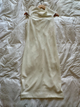 Rebecca B. White Sleeveless Midi Dress with Draped Neckline