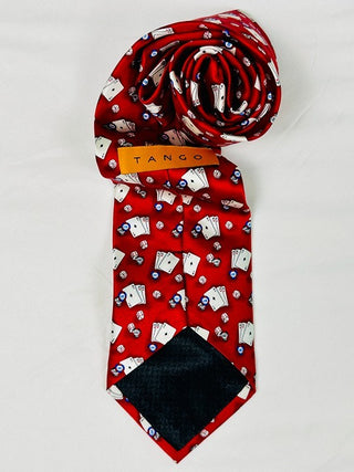 Tango Red Silk Tie with Playing Cards, Dice, and Poker Chips Pattern