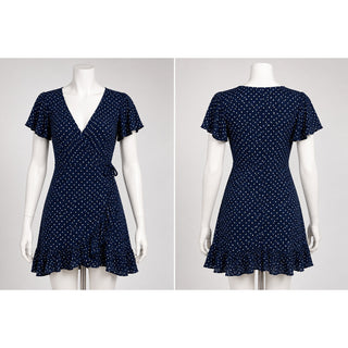 Navy Blue Polka Dot Wrap Short Sleeve Dress Size M NWOT