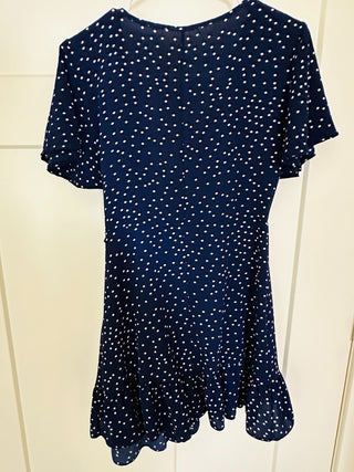 Navy Blue Polka Dot Wrap Dress with Ruffle Hem, Size Medium