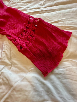 Shein Pink Ruffle Trim Bell Sleeve Dress with Tassel Tie