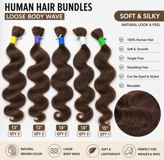 Hair Bundles Loose Body Wave Natural Brown Color Soft & Silky 100%