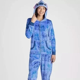 Disney Stitch Adult One Piece Pajamas Blue Hooded Zip-Up Lilo & Stitch (Size S)