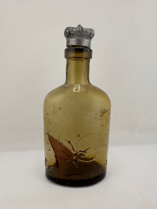 Antique Embossed Bay Rum Bottle Amber Glass Barber Shop Apothecary Early 1900s