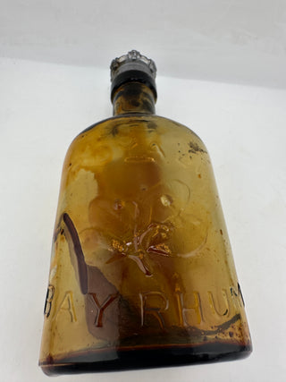 Antique Embossed Bay Rum Bottle Amber Glass Barber Shop Apothecary Early 1900s