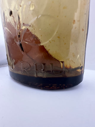 Antique Embossed Bay Rum Bottle Amber Glass Barber Shop Apothecary Early 1900s