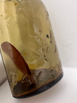 Antique Embossed Bay Rum Bottle Amber Glass Barber Shop Apothecary Early 1900s