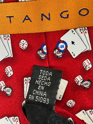 Tango Red Silk Tie with Playing Cards, Dice, and Poker Chips Pattern