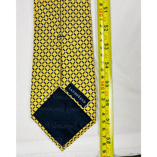 Lands’ End Men’s Silk Tie – Yellow & Navy Geometric Diamond Pattern – 57”