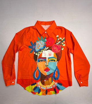 Frida Kahlo Orange Portrait Button Down Shirt Women L