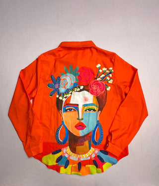 Frida Kahlo Orange Portrait Button Down Shirt Women L