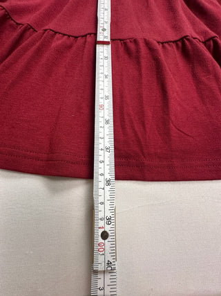 Women's Burgundy Tiered Midi Dress with Ruffle Flutter Sleeves, V-Neck, and Fit