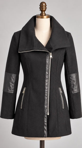 Calvin Klein Women's Wool Blend Black Coat with Leather Elb0