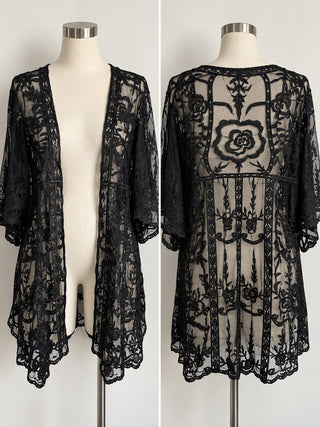 Lauren Conrad Black Floral Mesh Embroidered Kimono Cover Up