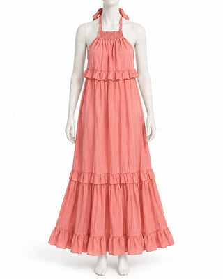 Womens Pink Halter Maxi Dress Tiered Ruffle Boho Summer