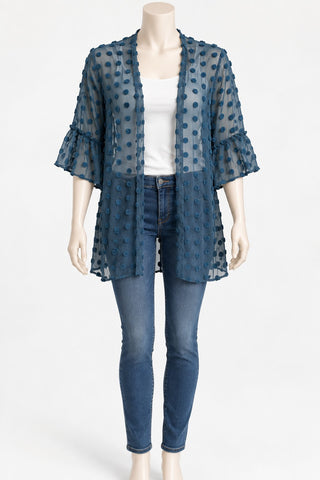 Blue Sheer Polka Dot Kimono with Ruffle Sleeves Size Large