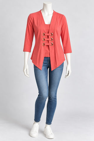 Joseph Ribkoff Coral Pink 3/4 Sleeve Top with Silver Eyelet